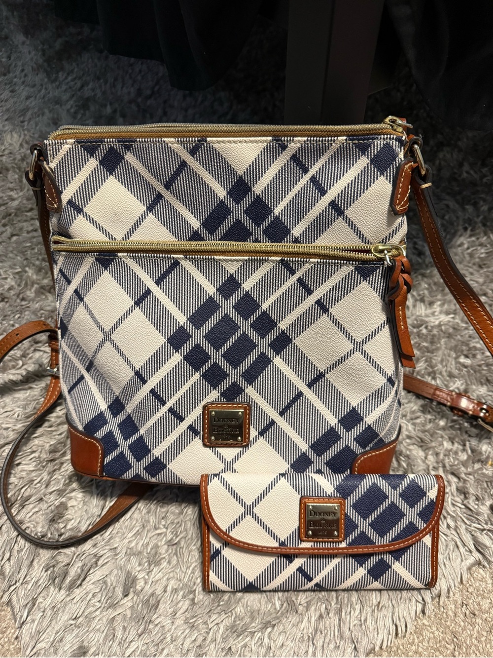 Dooney & Bourke Navy and Cream Plaid Leather-Trimmed Bag